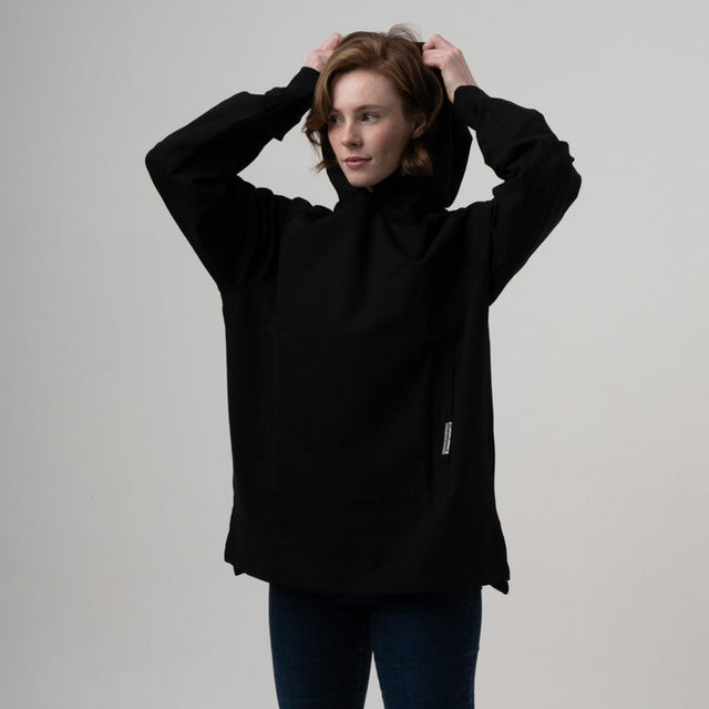 Person wearing a black hoodie with a plain background