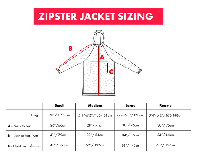 Zipster Jacket Size Chart