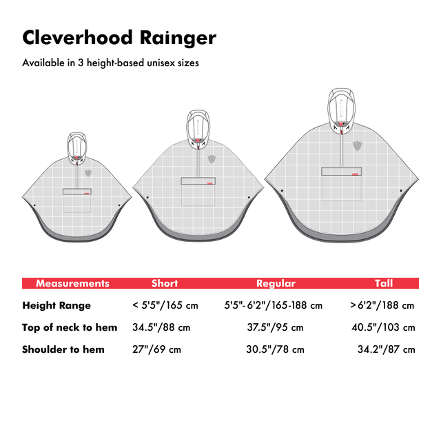 Size chart for Cleverhood Rainger product showing different height ranges and measurements.