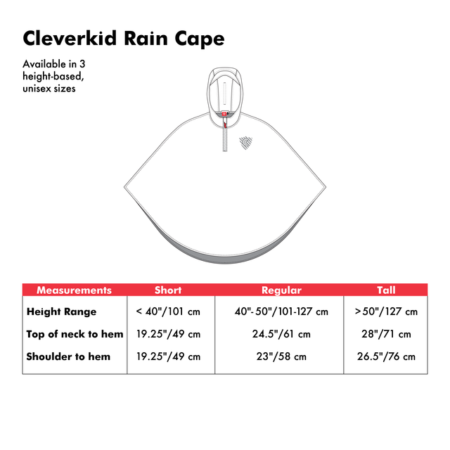 Cleverkid Rain Cape size chart with measurements for different height ranges.